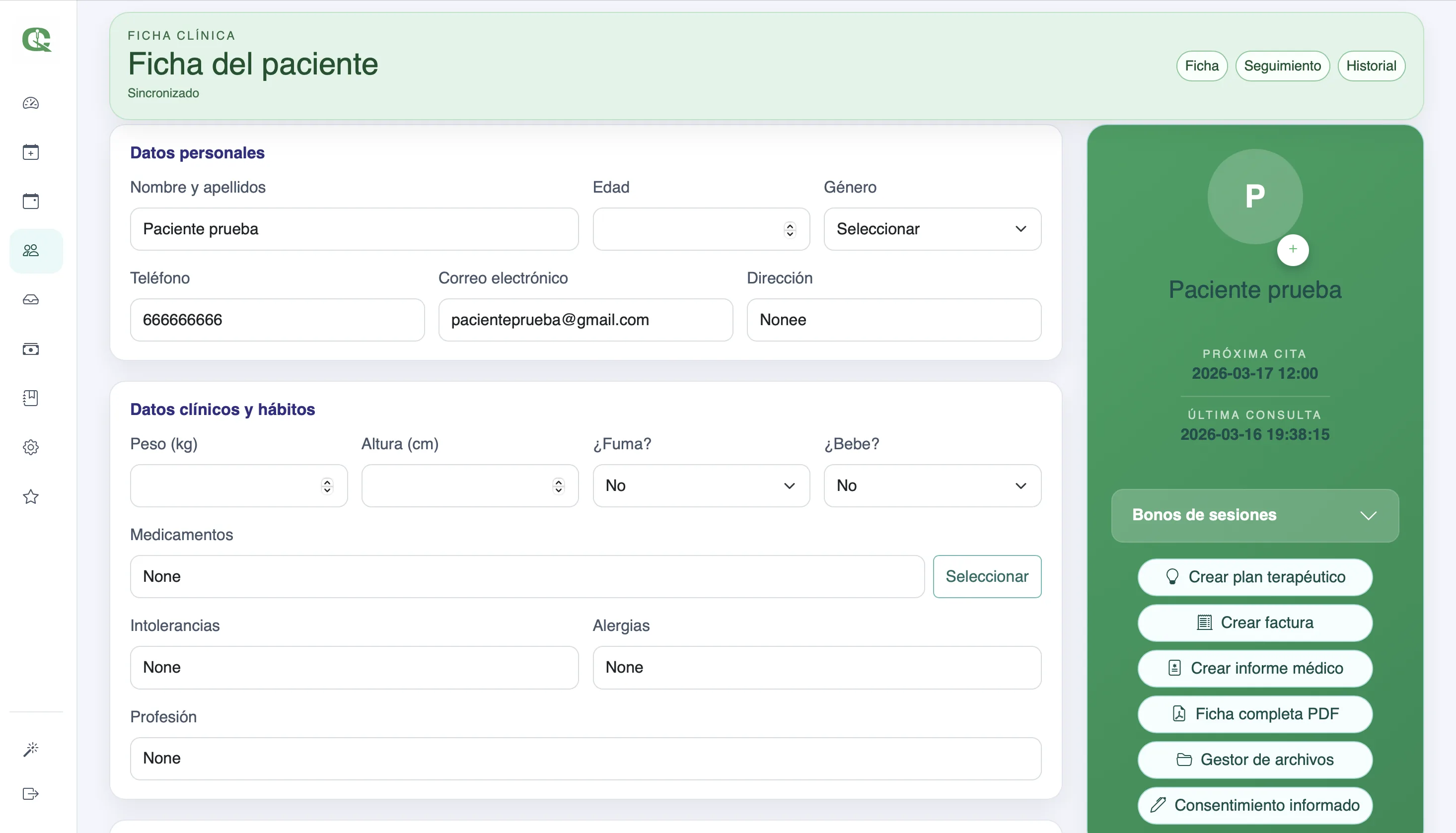 Ficha de paciente de QiClinic
